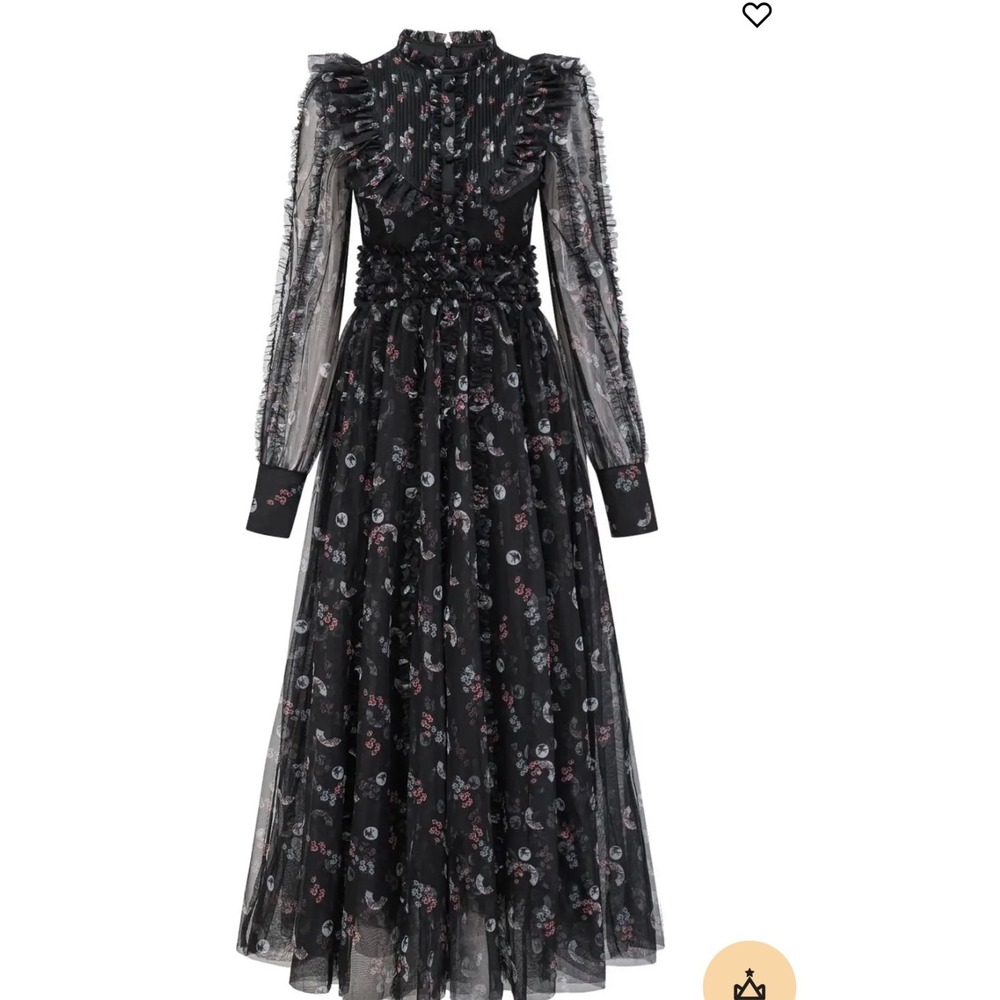 Catchall Floral Tulle Maxi Dress Women L NEW Ruffle Sheer Long Sleeve Black - Picture 3 of 13